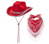Sombrero de vaquera con bandana con flecos, ala ancha, borde curvado, lentejuelas, sombrero de vaquera rojo con correa para la barbilla, vaquero occidental no tejido para cosplay, disfraces de Ha