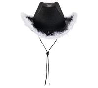 Sombrero de vaquera con boa de plumas, sombrero estilo western preppy de ala ancha | Sombrero de mujer con ala plumas esponjosas para despedida de soltera, fiesta de disfraces temática