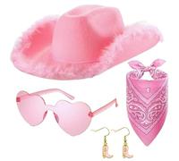 Sombrero de vaquera rosa - 4 x Mujeres Adultas Disfraz de Cowboy, accesorio para vestir | Sombrero de peluche con gafas y pendientes de bandana incluidos, para fotografía, juego de rol occidental