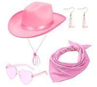 Sombrero de Vaquero, 4PCS Sombrero de Vaquera con Bandana Gafas de Corazones y Pendientes Disfraz Sombrero Cowboy Sombrero de Vaquero para Disfraz Vacaciones Fiesta Soltera Fiesta de Disfraces(Rosa)