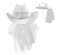 Sombrero de Vaquero Blanco Con Velo y Perla - Disfraz de Vaquera de Novia, Borde Ancho para Boda y Despedida de Soltera