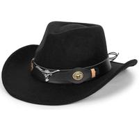 Sombrero de vaquero clásico occidental para mujeres y hombres, sombrero de fieltro de ala ancha, sombrero de vaquera, sombrero de jazz con banda de toro, Negro, M