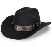 Sombrero de vaquero clásico occidental para mujeres y hombres, sombrero de fieltro de ala ancha, sombrero de vaquera, sombrero de jazz con banda de toro, Negro Style03, M