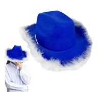 Sombrero de vaquero de plumas de plumas para mujer, sombrero de vaquero azul con plumas de boa, sombrero recortado de Halloween, accesorios para el oeste de FEEL, disfraz para despedida de soltera