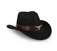 Sombrero de vaquero estilo occidental para mujer y hombre, sombrero de piel de chamois con aplicación de cabeza de toro y cinta ajustable (56-58 cm), sombrero de ala ancha para festivales, jardinería