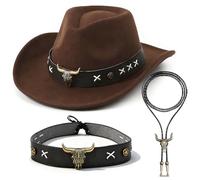 Sombrero de Vaquero Estilo Western con detalles de cabeza de toro y costuras X, corbata de cuero y banda incluidas, ideal para fiestas temáticas, Halloween y celebraciones, regalo
