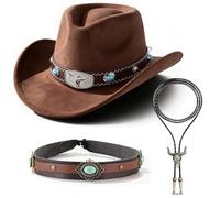 Sombrero de Vaquero Estilo Western con detalles de turquesa y cabeza de toro, corbata de cuero y banda incluidas, ideal para fiestas temáticas, Halloween y celebraciones, regalo