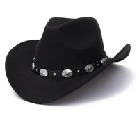 Sombrero de vaquero negro para mujeres y hombres, estilo occidental, ala ancha, fieltro, sombrero Fedora Panamá con hebilla de cinturón desmontable, Negro, M