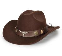 Sombrero de vaquero negro para mujeres y hombres, estilo occidental, ala ancha, fieltro, sombrero Fedora Panamá con hebilla de cinturón desmontable, Cabeza de toro café, 7 1/4