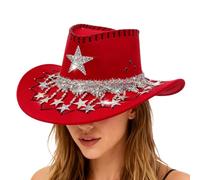 Sombrero de vaquero occidental - Tesa ancha | Sombrero de fiesta de fieltro con lentejuelas y brillantes, estrella roja con purpurina, para mujer y hombre | Ideal para carnaval, fiestas de Navidad y
