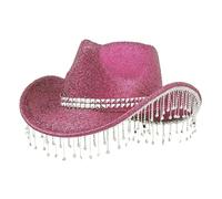 Sombrero de vaquero para mujer, con borla brillante, con cadena de diamantes de imitación, ala ancha, con borlas, con cuerda ajustable, ligero, para exteriores, sombreros de vaquero occidentales, rosa