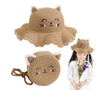 Sombrero de Verano | Diseño de de Paja a Juego Gorras de Verano Sombrilla | Bonito Sombrero de Playa de Gato de Dibujos Animados, Suministros de Accesorios de para Nadar al Aire Libre para niña