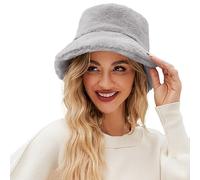 Sombrero de verano para mujer, sombrero de cubo difuso para mujer, sombrero de cubo de conocimiento superficial sombrero cálido suave invierno Fisherman Cap Furry Sun Hat Fischer Hut Fresas, gris