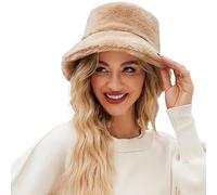Sombrero de verano para mujer, sombrero de cubo difuso para mujer, sombrero de cubo de conocimiento superficial sombrero cálido suave invierno Fisherman Cap Furry Sun Hat Fischer Hut Fresas, caqui