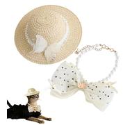 Sombrero de verano para perros - Collar de perlas y tocado | Juego de sombrero de verano ajustable para perro, para talla grande, mediana, fotos, playa, o paseo