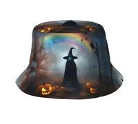 Sombrero del Cubo Estampado De Arañas con Sombrero De Bruja Arcoíris para Halloween Sombrero De Sol De Playa con Protección UV Cómodo Gorra De Playa Al Aire Libre, para Pescar, 56-58cm