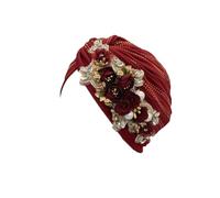 Sombrero Femenino, Turbante Africano con Flores y Diamantes de imitación for Mujer, for Bodas nigerianas, Multicolor(Wine Red)
