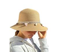 Sombrero Mujer De Paja Protección Solar Panama Pamela Playa Verano Esparto Gorra para Sol Visera Enrollable con Conchas y Decoraciones