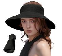 Sombrero Mujer Verano de Paja Plegable, Sombrero Playa Mujer Panama con Visera Ancha con Enrollable para Vacaciones Verano (FR/ES, Letras, Talla única, Negro)