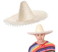 Sombrero para adultos, paquete de 1, sombrero mexicano natural con detalles de pompón blanco, accesorio de disfraz de fiesta mexicana del Cinco de Mayo para hombre y mujer