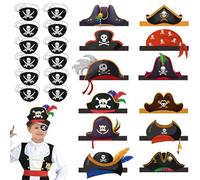 Sombrero Pirata Niño, 24pcs Disfraz Pirata Niño Cráneo Impresión Sombreros de Pirata Patch de Ojos para Niños Rellenadores de Bolsas de Partido Pirata Vestido de Fiesta del Caribe para la Fiesta de Ma