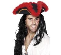 Sombrero Pirata Tricon Con Pluma Roja Accesorio De Disfraz Para Adultos