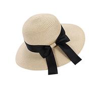 Sombrero Sol de Paja de Las Mujeres Verano Playa Algodón Protección ala Ancha UV Gorro Plegable con Bowknot,protección UV, Visera Plegable, Visera Ancha (Beige)