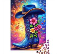 Sombrero Vaquero Bota Vaquera Puzzle de 1000 Piezas Papel para Adultos Flores Fondo Colorido Puzzle para Toda la Familia 70x50cm/1000pcs