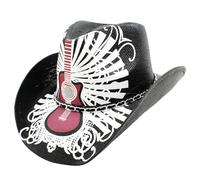 Sombrero Vaquero Cowboy de Paja Estampado Americano Texas, Rodeo Baile Disfraz Gorro Vaquero Halloween Carnaval Fiesta Adulto Hombre Mujer 58-59CM (FR/ES, Letras, Talla única, Negro-Guitarra)