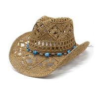 Sombrero Vaquero Mujer, Gorro Western de Paja Calada, Sombrero Sol Artesanal ala Ancha para Playa Viaje Verano Festival