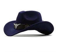 Sombrero vaquero occidental con ala enrollada, gorra vaquera, sombrero fedora de jazz, fieltro for mujeres y hombres Para festivales(Dark blue,52-54cm)