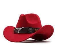 Sombrero vaquero occidental con ala enrollada, gorra vaquera, sombrero fedora de jazz, fieltro for mujeres y hombres Para festivales(Red,56-58cm)