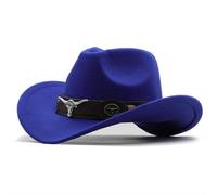 Sombrero vaquero occidental con ala enrollada, gorra vaquera, sombrero fedora de jazz, fieltro for mujeres y hombres Para festivales(Blue,56-58cm)