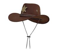 Sombrero vaquero para hombre y mujer, de gamuza suave, tacto aterciopelado, con diadema trenzada, insignia de estrella sheriff metálico y cordón ajustable, para evento occidental, camping y disfraz de