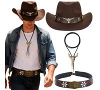 Sombrero Vaquero Vintage Marrón Ajustable 56-58 cm para Hombre y Mujer - Con Banda de Cuero, Colgante Calavera de Toro y Barbuquejo - Sombrero Western para Disfraz, Halloween, Fiestas Temáticas