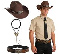 Sombrero Vaquero Vintage Marrón Ajustable 56-58 cm para Hombre y Mujer - Con Banda de Cuero, Colgante Calavera de Toro y Barbuquejo - Sombrero Western para Disfraz, Halloween, Fiestas Temáticas
