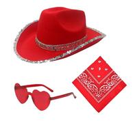 Sombrero Western Hombre Aleros Anchos | Sombrero De Westerns Occidental | Sombreros Lentejuelas Mujer | Set 3Pcs Sombreros Western Disfraz Con Pañuelo Y Gafas | para Carnaval Disfraces Conciertos Boda
