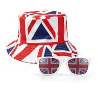 Sombreros de bolos y gafas de bandera de Reino Unido, reversible de doble cara, sombrero de pescador de bandera británica para adultos, gafas de sol de la bandera de Reino Unido, gafas de sol para
