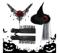 Sombreros de de encaje: conjunto completo de disfraces con collar, guantes, tocado de tela, tocado gótico elegante, sombrero de con tema místico, sombrero alto de brujería para mujer | Fies