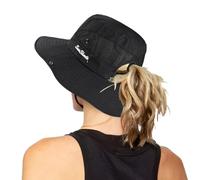 Sombreros de mujer al aire libre con protección UV plegables de malla de ala ancha para la playa y la pesca con agujero para la coleta, Negro, One Size