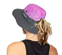 Sombreros de mujer al aire libre con protección UV plegables de malla de ala ancha para la playa y la pesca con agujero para la coleta, Púrpura, One Size