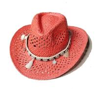 Sombreros de paja papel vaquero occidental tejidos a mano for hombres y mujeres, verano, for exteriores, con ala ancha, transpirables, for playa jazz Para festivales(Red)
