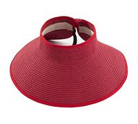 Sombreros de playa para mujer, plegables, de paja con ala ancha y cola de caballo para protección UV y viajes de verano, SM01, Rojo -, Talla única