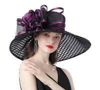 Sombreros Fascinator Boda Novia for Mujer Señoras Sombrero De Iglesia Flores Fedora Organza Ala Ancha Grande(Purple)