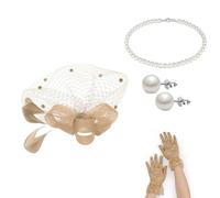 Sombreros para mujer, sombrero con lazo para fiesta de té, cóctel, boda, iglesia, guantes de encaje, aretes, collar, juego de 4 piezas para festival (dorado, talla única)