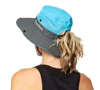 Sombreros plegables de malla con protección UV para mujer, de ala ancha, para pesca, playa, con agujero para cola de caballo, Azul, Talla única