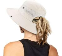 Sombreros plegables de malla con protección UV para mujer, de ala ancha, para pesca, playa, con agujero para cola de caballo, Beige, Talla única