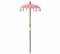 Sombrilla balinesa crema 125 x 125 x 260 cm - Sombrilla redonda de jardín con dosel de algodón, palo de madera maciza tallada a mano y varillas de bambú, diseño tropical con campanas y borlas, Rosa.