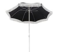 Sombrilla plegable grande negra UV50+ para exteriores, playa, patio, jardín, terraza y camping, con elegantes borlas blancas, solución de sombra perfecta
