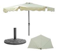 Sombrilla semicircular con manivela, sombrilla para balcón, terraza, color beige, diámetro de 270 cm, altura de 235 cm, protección UV, poliéster, acero, con paragüero, gris, soporte de hormigón